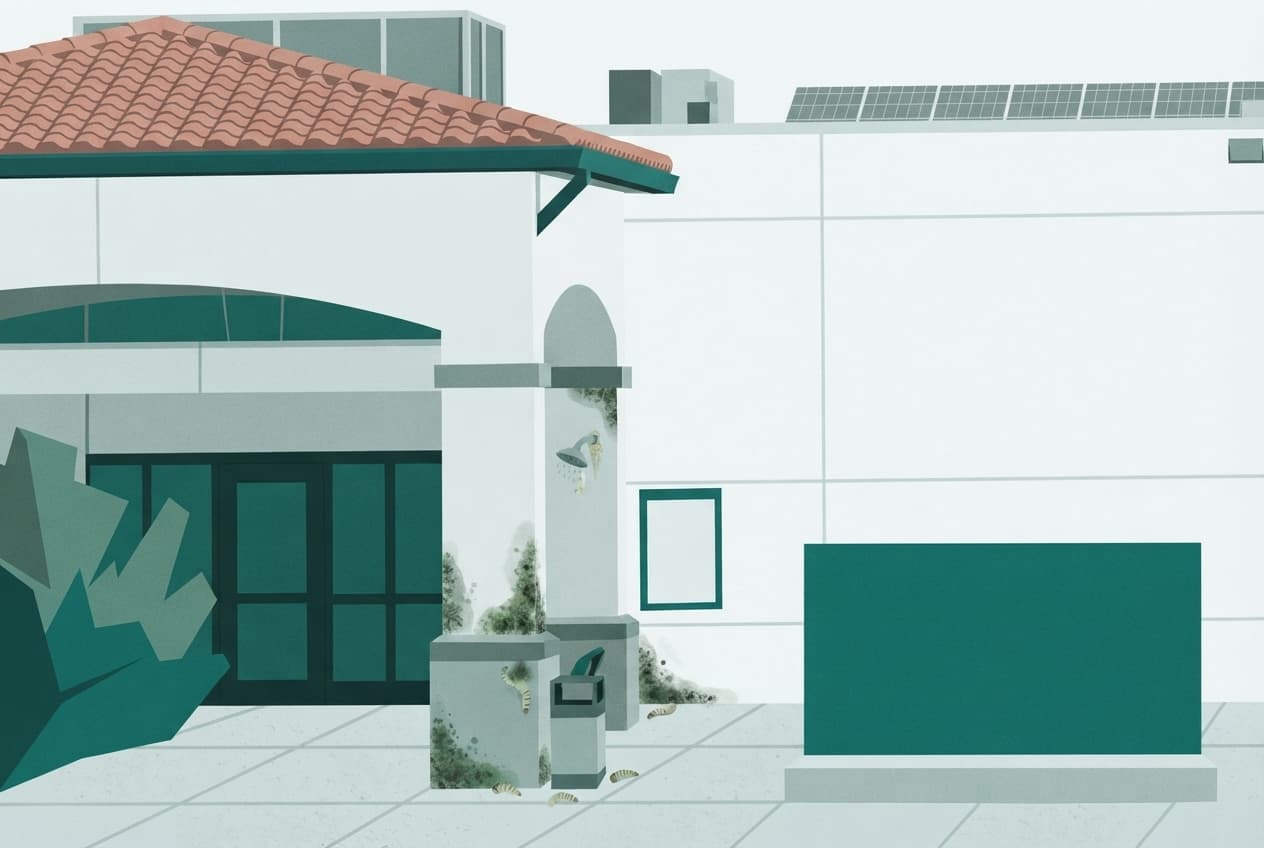 Flat illustration of mold, larvae, shower head, tile, concrete floor