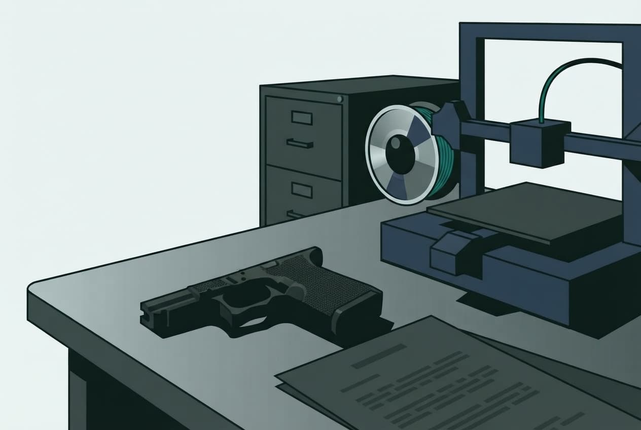 Flat illustration of 3D printer, filament spool, plastic firearm component, legal document