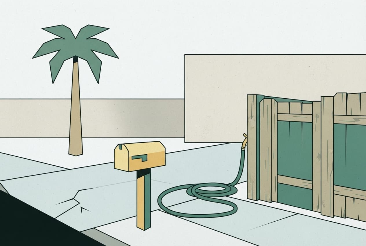 Flat illustration of palm tree, mailbox, garden hose, sidewalk, fence