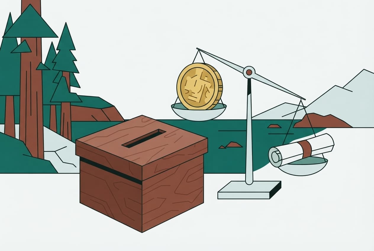Flat illustration of ballot box, scroll, gold coin, redwood tree, scale