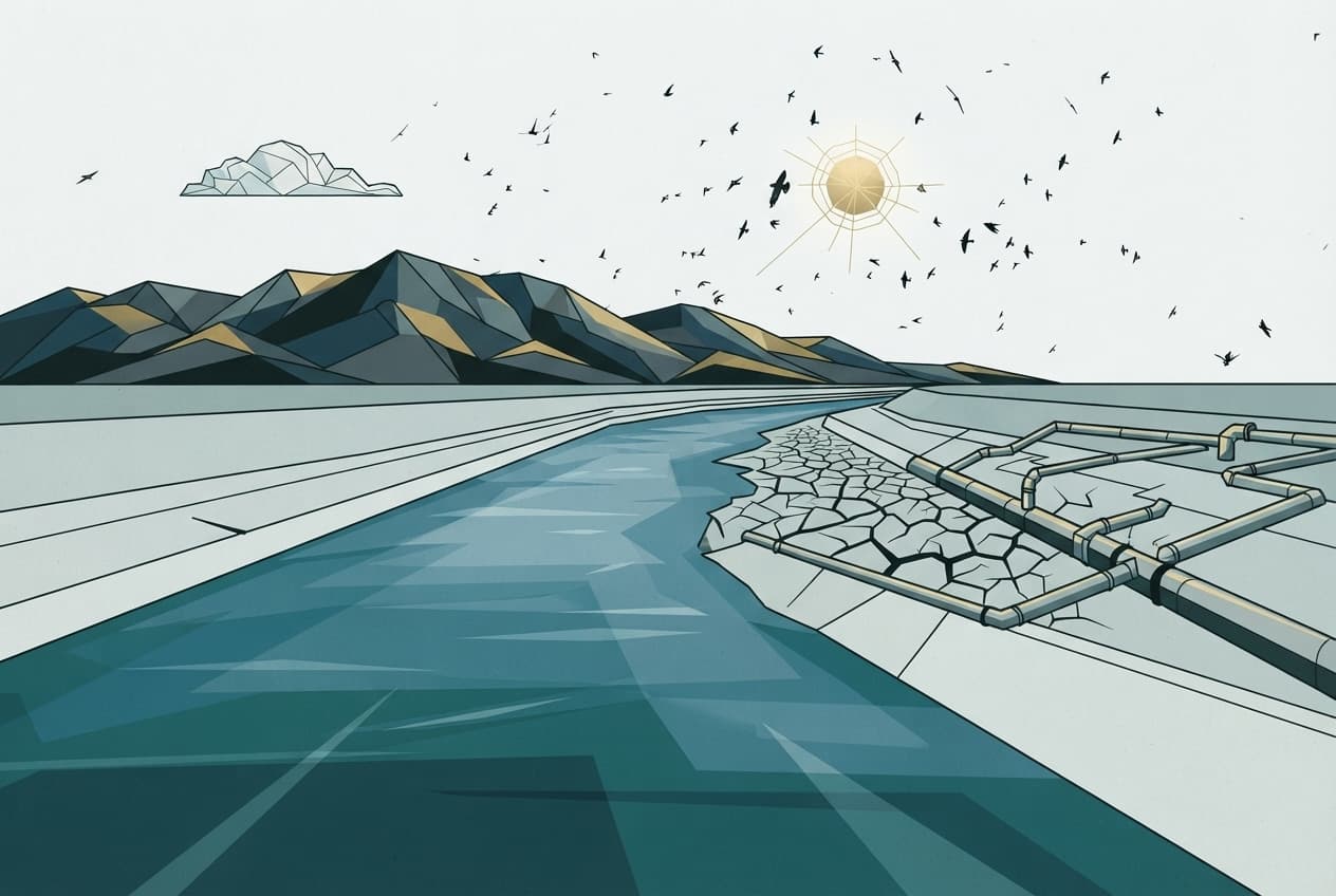 Flat illustration of Reservoir, cracked earth, irrigation pipe, mountain range, sun, cloud