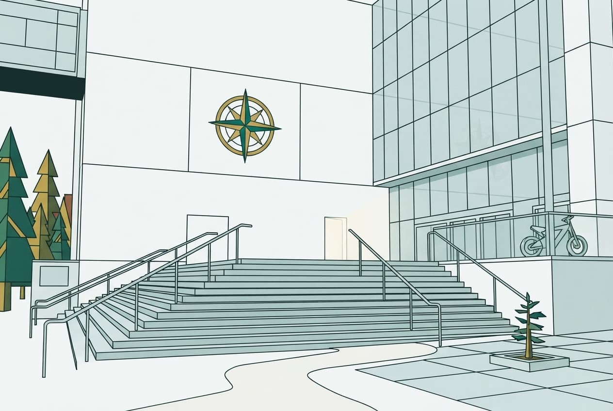Flat illustration of Legal document, Redwood tree, Winding path, Gentle light, Open door, Compass