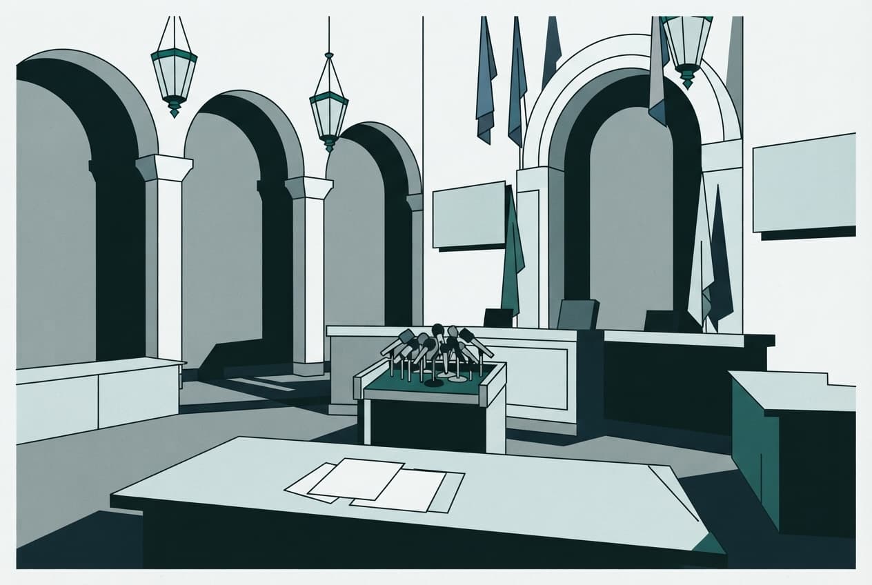 Flat illustration of microphone, city hall, documents, shadows, podium