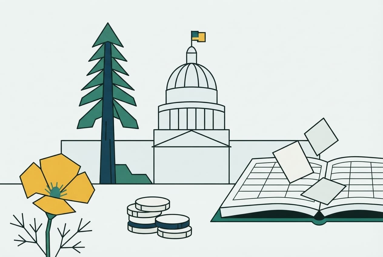 Flat illustration of ballot, coin stack, ledger, poppy, redwood tree