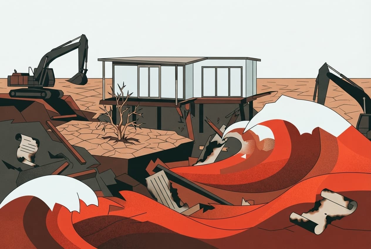 Flat illustration of Oil derrick, Cracked earth, Wildfire, Withered plant, Legal scroll