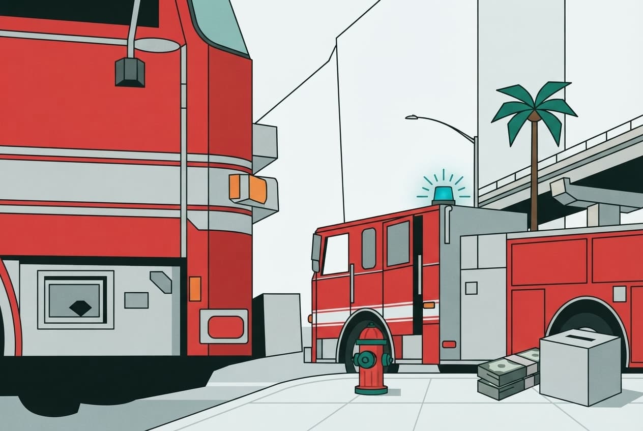 Flat illustration of Ballot box, Fire hydrant, Flashing blue light, Stack of currency, Palm tree, Freeway overpass