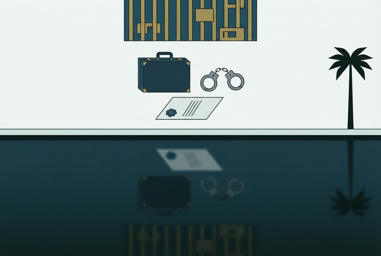 Flat illustration of Digital coin, Briefcase, Handcuffs, Prison bars, Legal document, Palm tree