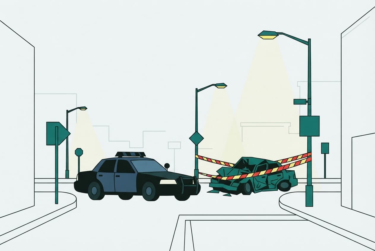 Flat illustration of Sheriff's vehicle, damaged car, caution tape, streetlights, road signs