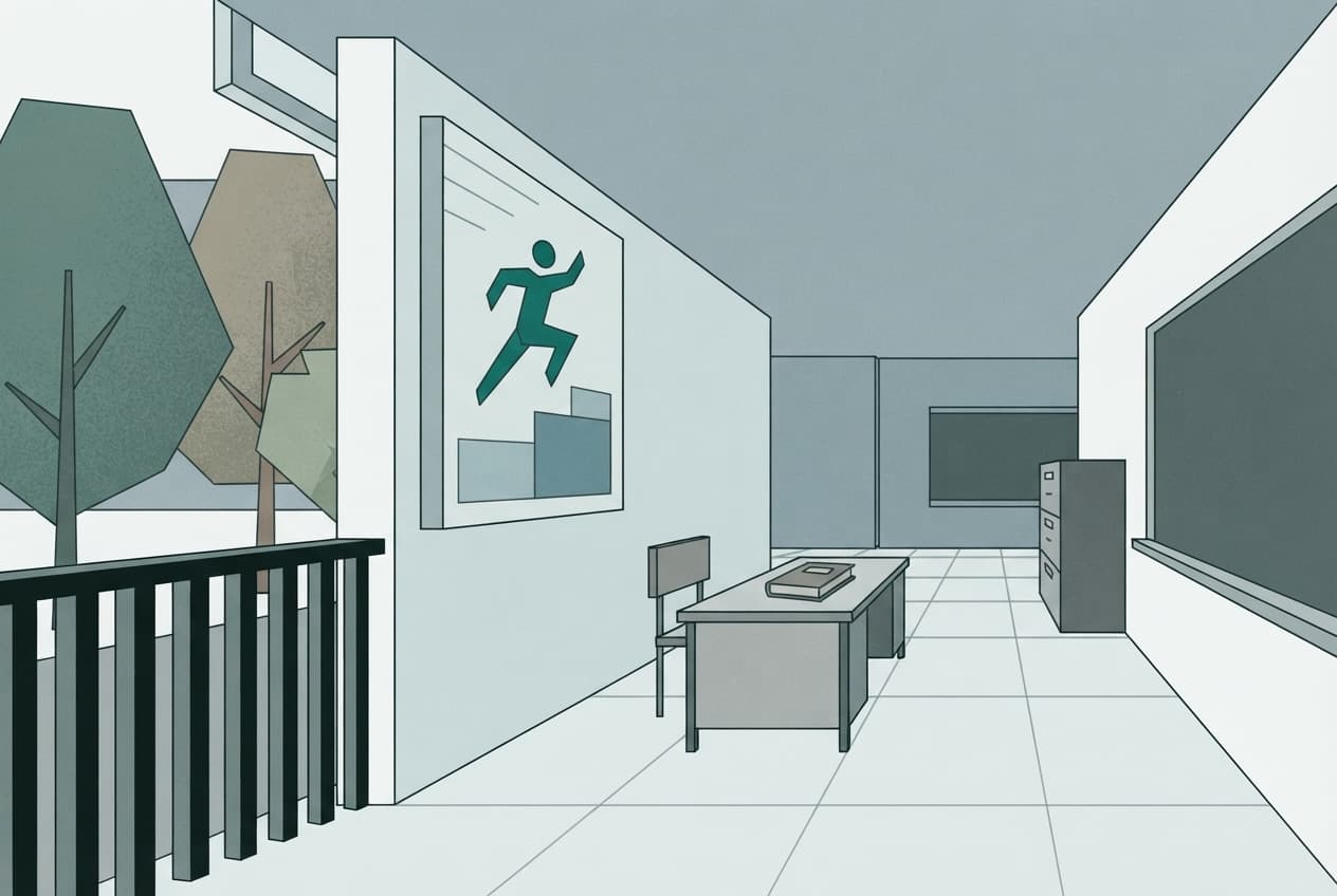 Flat illustration of Desk, Chair, Chalkboard, Filing cabinet, Dusty textbook