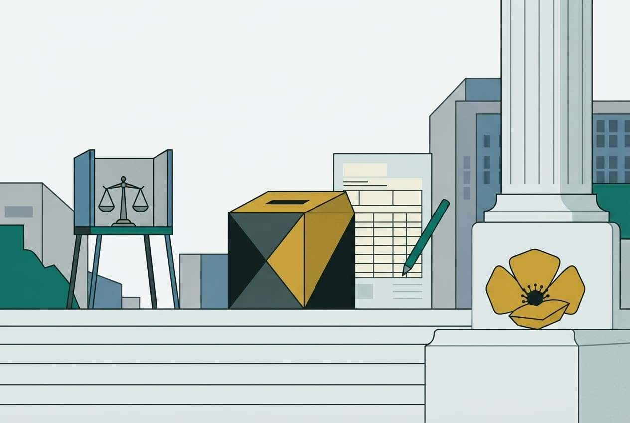 Flat illustration of Ballot box, Tax form, Pillar, Golden poppy, Voting booth, Balance scale