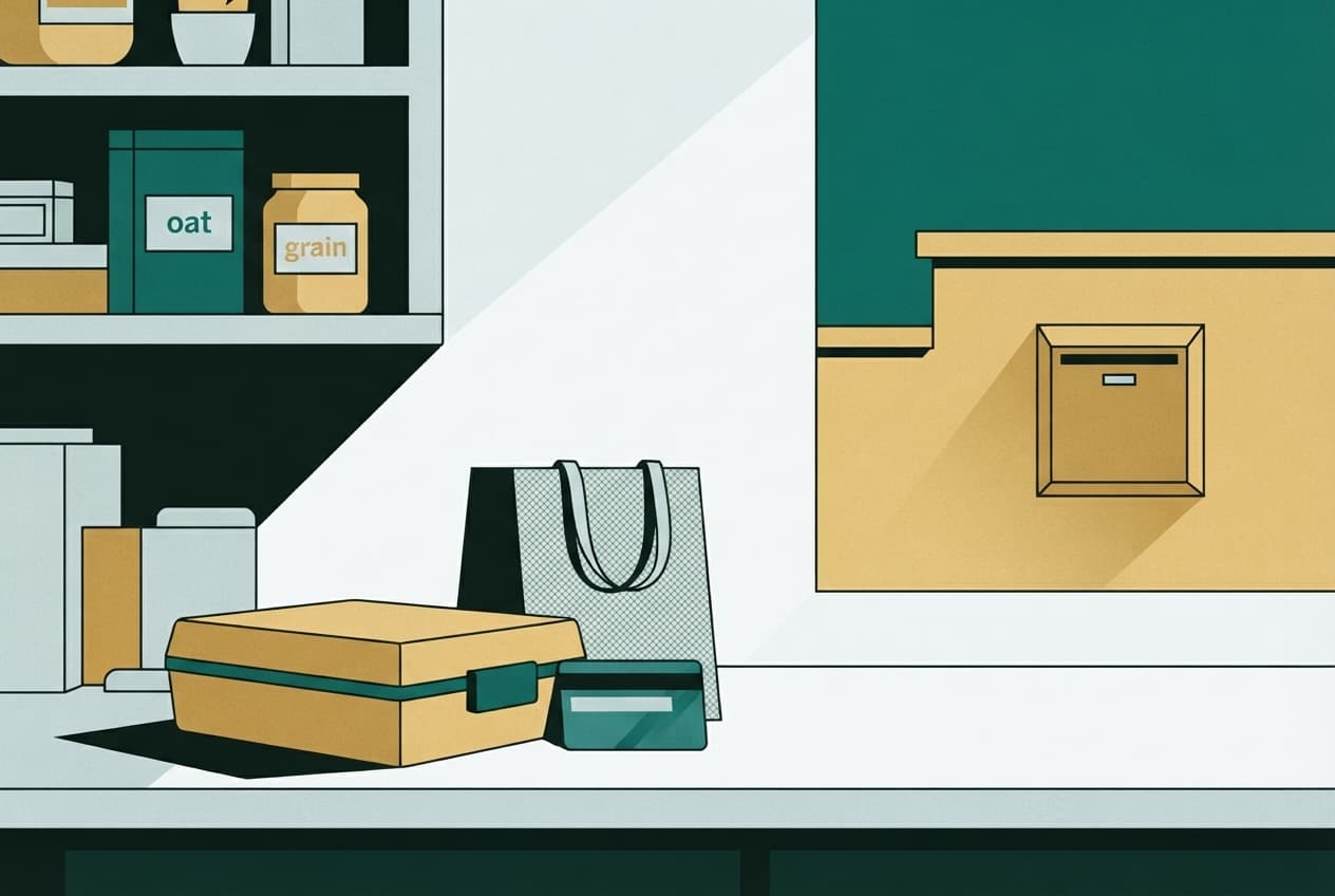 Flat illustration of EBT card, grocery bag, pantry shelf, sunlight, empty lunchbox, mailbox